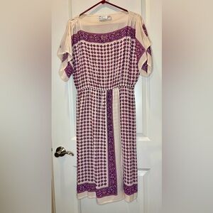 Geometric Patterned Silk Dress in Purple and Cream